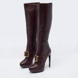 Pre Owned Alexander McQueen Burgundy Leather Knee Length Boots Size 41