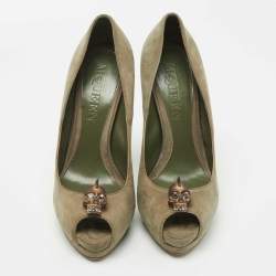 Pre Owned Alexander McQueen Green Suede Skull Peep Toe Pumps Size 39