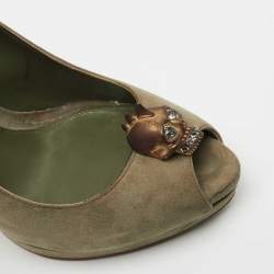 Pre Owned Alexander McQueen Green Suede Skull Peep Toe Pumps Size 39