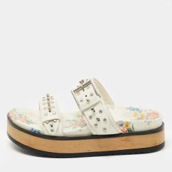 Alexander McQueen Cream Leather Flower Print Flat Slides Size 38.5