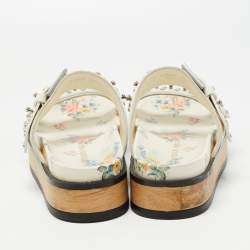 Alexander McQueen Cream Leather Flower Print Flat Slides Size 38.5