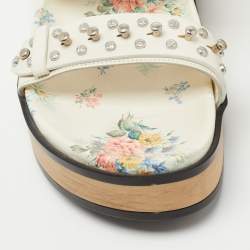 Alexander McQueen Cream Leather Flower Print Flat Slides Size 38.5