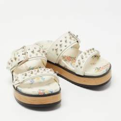 Alexander McQueen Cream Leather Flower Print Flat Slides Size 38.5