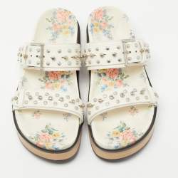 Alexander McQueen Cream Leather Flower Print Flat Slides Size 38.5