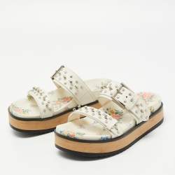 Alexander McQueen Cream Leather Flower Print Flat Slides Size 38.5