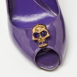 Pre Owned Alexander McQueen Purple Patent Leather Crystal Embellished Skull Peep Toe Pumps Size 38
