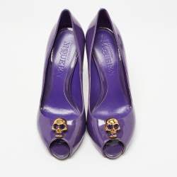 Pre Owned Alexander McQueen Purple Patent Leather Crystal Embellished Skull Peep Toe Pumps Size 38