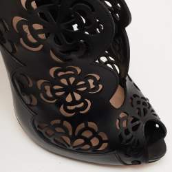 Pre Owned Alexander McQueen Black Floral Laser Cut Leather Peep Toe Booties Size 38