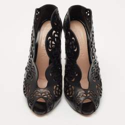 Pre Owned Alexander McQueen Black Floral Laser Cut Leather Peep Toe Booties Size 38