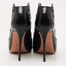 Pre Owned Alexander McQueen Black Floral Laser Cut Leather Peep Toe Booties Size 38