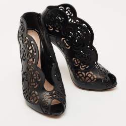 Pre Owned Alexander McQueen Black Floral Laser Cut Leather Peep Toe Booties Size 38