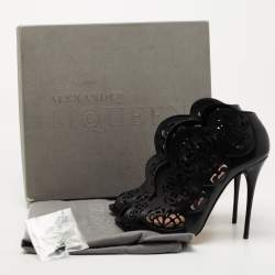 Pre Owned Alexander McQueen Black Floral Laser Cut Leather Peep Toe Booties Size 38