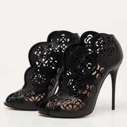 Pre Owned Alexander McQueen Black Floral Laser Cut Leather Peep Toe Booties Size 38