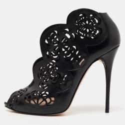 Pre Owned Alexander McQueen Black Floral Laser Cut Leather Peep Toe Booties Size 38