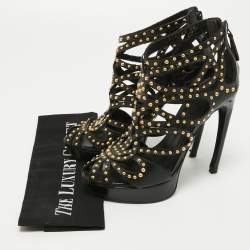 Pre Owned Alexander McQueen Black Leather Studded Caged Platform Booties Size 36