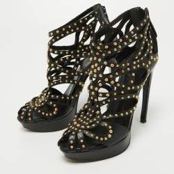 Pre Owned Alexander McQueen Black Leather Studded Caged Platform Booties Size 36