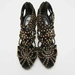 Pre Owned Alexander McQueen Black Leather Studded Caged Platform Booties Size 36
