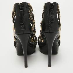 Pre Owned Alexander McQueen Black Leather Studded Caged Platform Booties Size 36