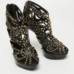 Pre Owned Alexander McQueen Black Leather Studded Caged Platform Booties Size 36