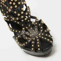 Pre Owned Alexander McQueen Black Leather Studded Caged Platform Booties Size 36