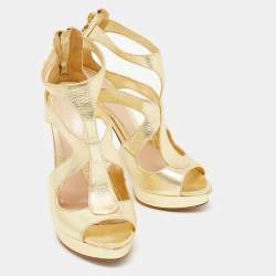 Pre Owned Alexander McQueen Gold Leather Caged Platform Sandals Size 37.5