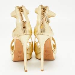 Pre Owned Alexander McQueen Gold Leather Caged Platform Sandals Size 37.5