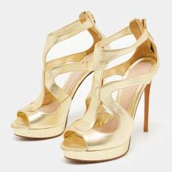 Pre Owned Alexander McQueen Gold Leather Caged Platform Sandals Size 37.5