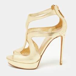 Pre Owned Alexander McQueen Gold Leather Caged Platform Sandals Size 37.5