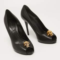 Pre Owned Alexander McQueen Black Leather Skull Peep Toe Pumps Size 38