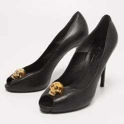 Pre Owned Alexander McQueen Black Leather Skull Peep Toe Pumps Size 38