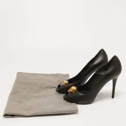 Pre Owned Alexander McQueen Black Leather Skull Peep Toe Pumps Size 38