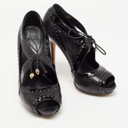 Pre Owned Alexander McQueen Black Leather And Patent Peep Toe Sandals Size 36