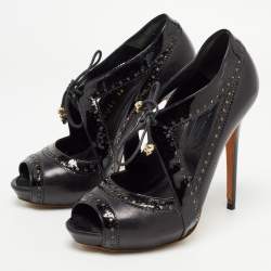 Pre Owned Alexander McQueen Black Leather And Patent Peep Toe Sandals Size 36