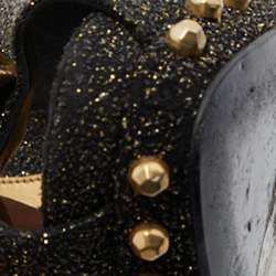 Pre Owned Alexander McQueen Black/Gold Textured Suede Embellished Skull Peep Toe Pumps Size 39.5