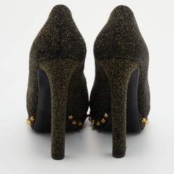 Pre Owned Alexander McQueen Black/Gold Textured Suede Embellished Skull Peep Toe Pumps Size 39.5