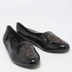 Pre Owned Alexander McQueen Black Patent Leather Sequin Skull Smoking Slippers Size 39