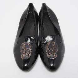 Pre Owned Alexander McQueen Black Patent Leather Sequin Skull Smoking Slippers Size 39