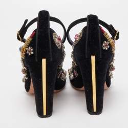 Pre Owned Alexander McQueen Black Velvet Crystal Embellished Ankle Cuff Pumps Size 38