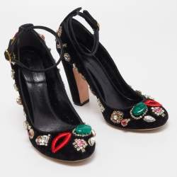 Pre Owned Alexander McQueen Black Velvet Crystal Embellished Ankle Cuff Pumps Size 38