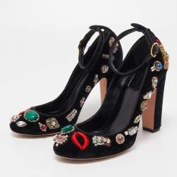 Pre Owned Alexander McQueen Black Velvet Crystal Embellished Ankle Cuff Pumps Size 38