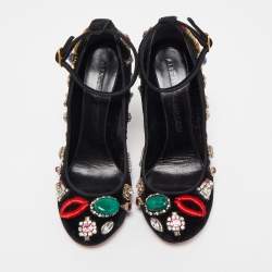 Pre Owned Alexander McQueen Black Velvet Crystal Embellished Ankle Cuff Pumps Size 38