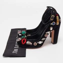 Pre Owned Alexander McQueen Black Velvet Crystal Embellished Ankle Cuff Pumps Size 38