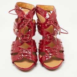 Alexander McQueen Red Patent Leather Lace Up Ankle Strap Sandals Size 39