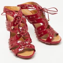 Alexander McQueen Red Patent Leather Lace Up Ankle Strap Sandals Size 39