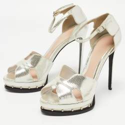 Pre Owned Alexander McQueen Silver Leather Studded Platform Ankle-Strap Sandals Size 39.5