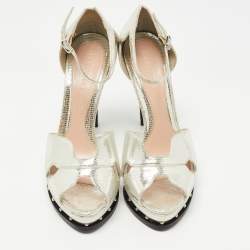 Pre Owned Alexander McQueen Silver Leather Studded Platform Ankle-Strap Sandals Size 39.5