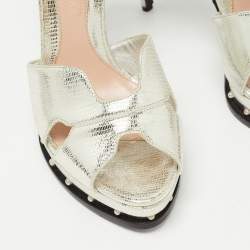 Pre Owned Alexander McQueen Silver Leather Studded Platform Ankle-Strap Sandals Size 39.5