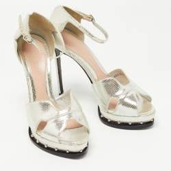 Pre Owned Alexander McQueen Silver Leather Studded Platform Ankle-Strap Sandals Size 39.5