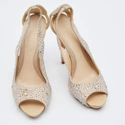 Alexander McQueen Beige Satin Crystal Embellished Peep Toe Pumps Size 38.5