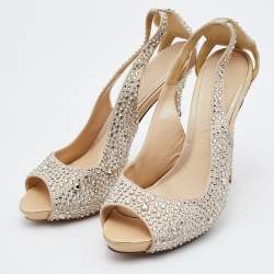 Alexander McQueen Beige Satin Crystal Embellished Peep Toe Pumps Size 38.5